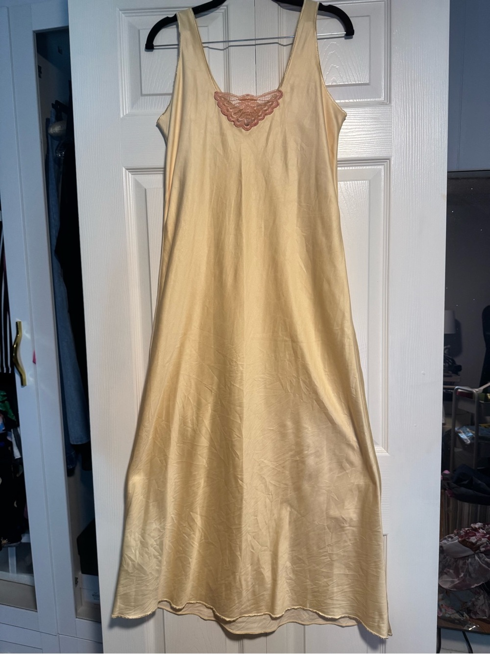Silky Yellow Slip Dress with Pink Lace Accent